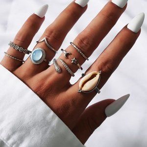 New Adorable Mother's Aqua Blue Silver Ring Set 8p